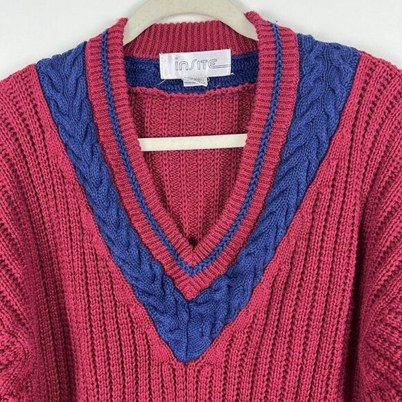 VTG Insite Chunky Knit Sweater Mens L Red Tennis Striped V Neck Preppy Academia - Picture 3 of 7